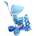 Detský 3-kolesový bicykel Duck Blue + zvuky + strecha + zábrana + opierka na nohy + rukoväť + úložný priestor