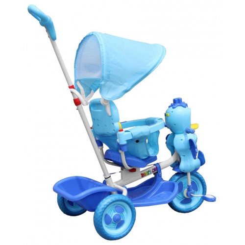Detský 3-kolesový bicykel Duck Blue + zvuky + strecha + zábrana + opierka na nohy + rukoväť + úložný priestor
