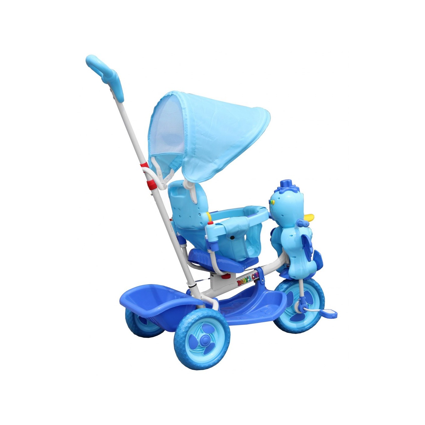 Detský 3-kolesový bicykel Duck Blue + zvuky + strecha + zábrana + opierka na nohy + rukoväť + úložný priestor