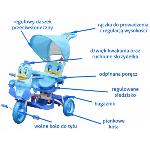 Detský 3-kolesový bicykel Duck Blue + zvuky + strecha + zábrana + opierka na nohy + rukoväť + úložný priestor