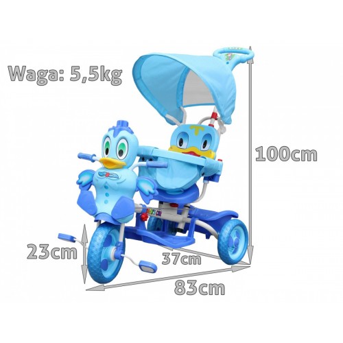 Detský 3-kolesový bicykel Duck Blue + zvuky + strecha + zábrana + opierka na nohy + rukoväť + úložný priestor