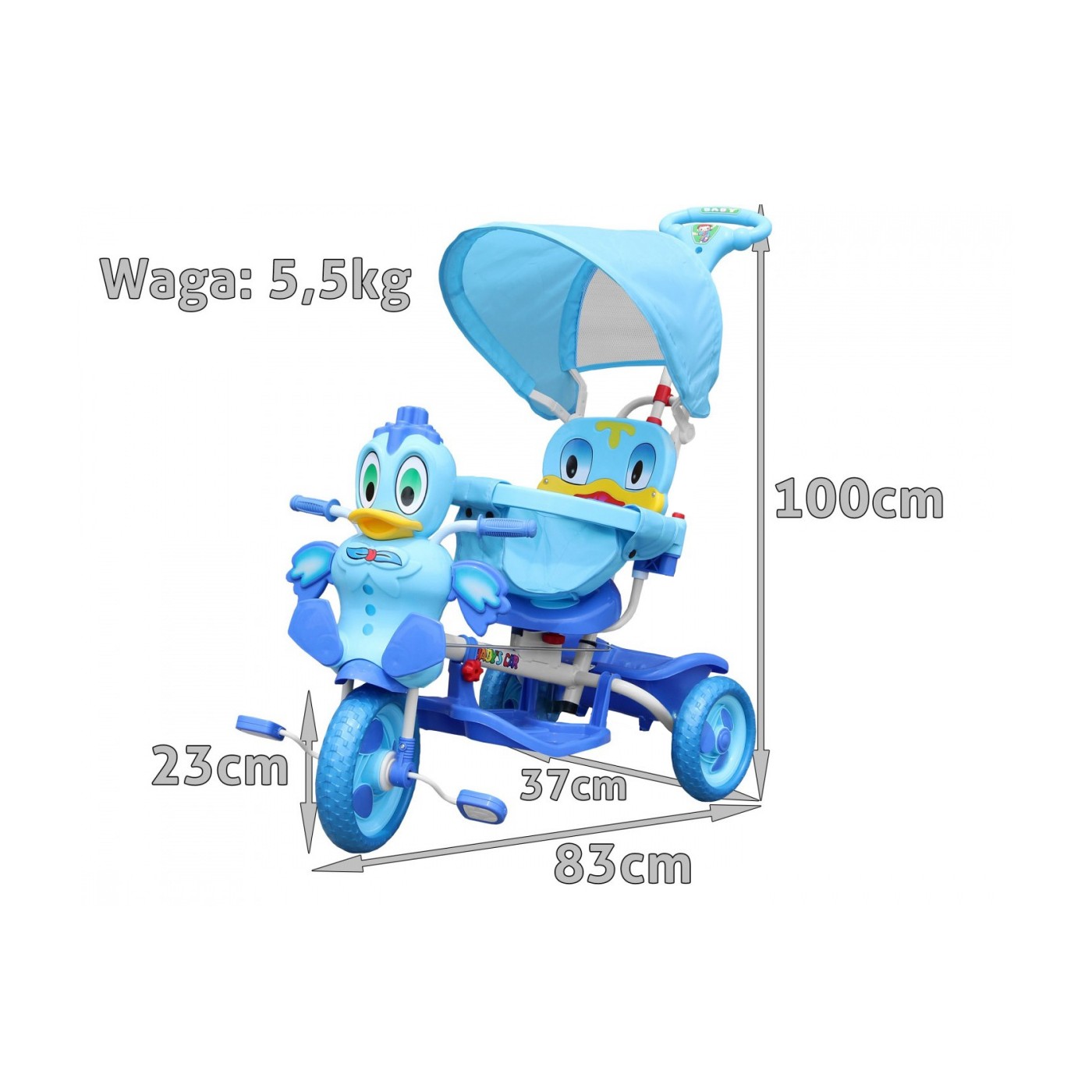 Detský 3-kolesový bicykel Duck Blue + zvuky + strecha + zábrana + opierka na nohy + rukoväť + úložný priestor