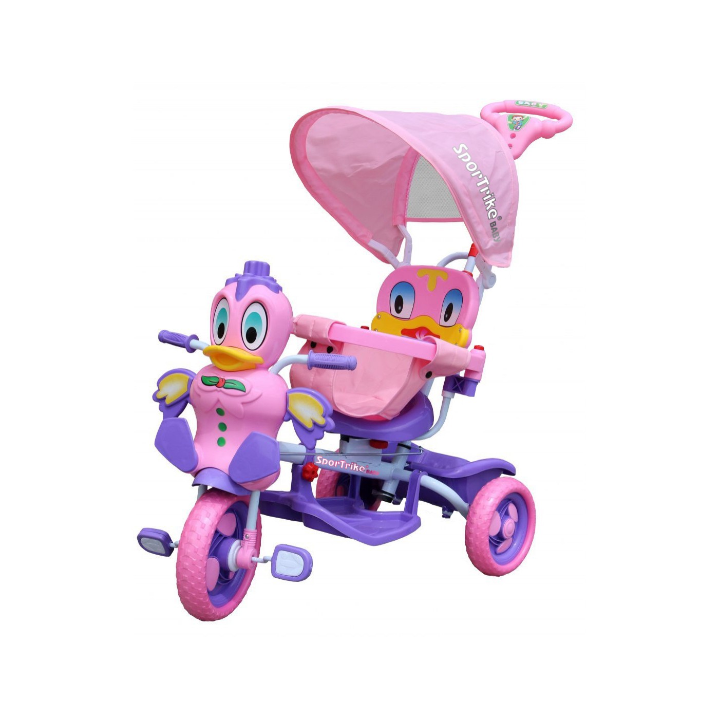 Detský bicykel Purple Duck s 3-kolesovým efektom + zvuky + strecha + bariéra + opierka na nohy + rukoväť + úložný priestor