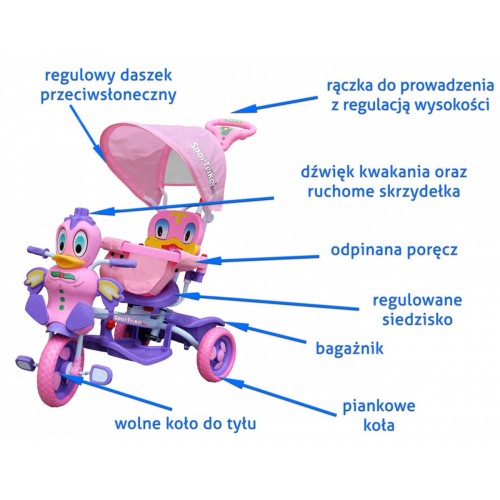 Detský bicykel Purple Duck s 3-kolesovým efektom + zvuky + strecha + bariéra + opierka na nohy + rukoväť + úložný priestor