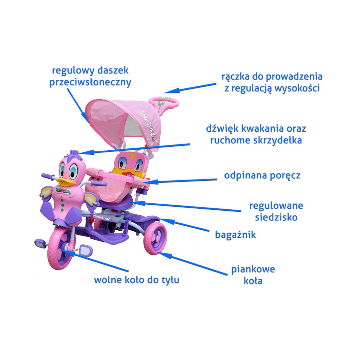 Detský bicykel Purple Duck s 3-kolesovým efektom + zvuky + strecha + bariéra + opierka na nohy + rukoväť + úložný priestor