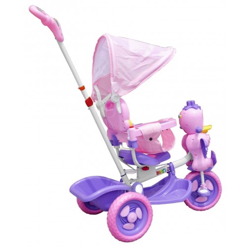 Detský bicykel Purple Duck s 3-kolesovým efektom + zvuky + strecha + bariéra + opierka na nohy + rukoväť + úložný priestor