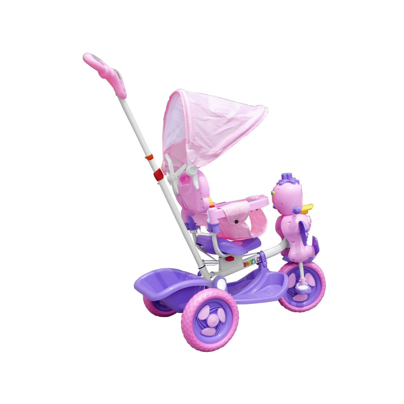 Detský bicykel Purple Duck s 3-kolesovým efektom + zvuky + strecha + bariéra + opierka na nohy + rukoväť + úložný priestor