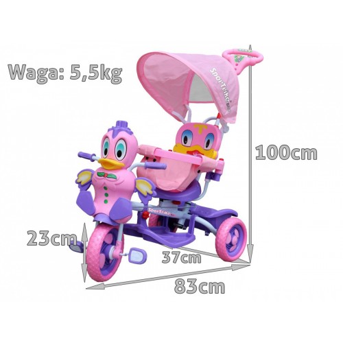 Detský bicykel Purple Duck s 3-kolesovým efektom + zvuky + strecha + bariéra + opierka na nohy + rukoväť + úložný priestor