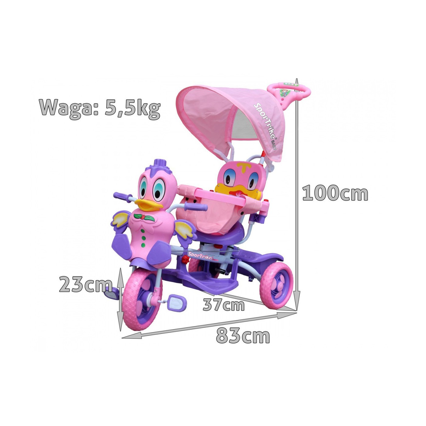 Detský bicykel Purple Duck s 3-kolesovým efektom + zvuky + strecha + bariéra + opierka na nohy + rukoväť + úložný priestor