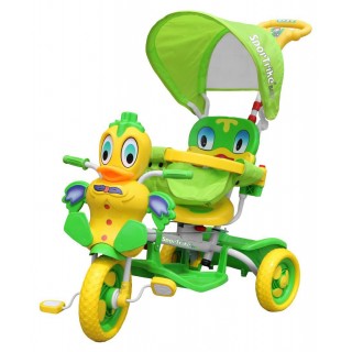 Detský bicykel Green Duck s 3 kolesami + zvuky + strecha + zábrana + opierka na nohy + rukoväť + úložný priestor