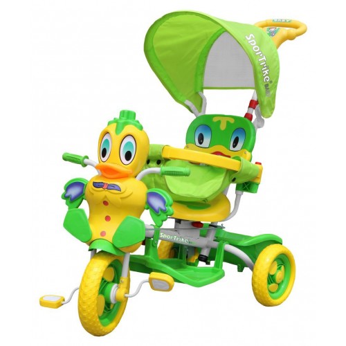 Detský bicykel Green Duck s 3 kolesami + zvuky + strecha + zábrana + opierka na nohy + rukoväť + úložný priestor