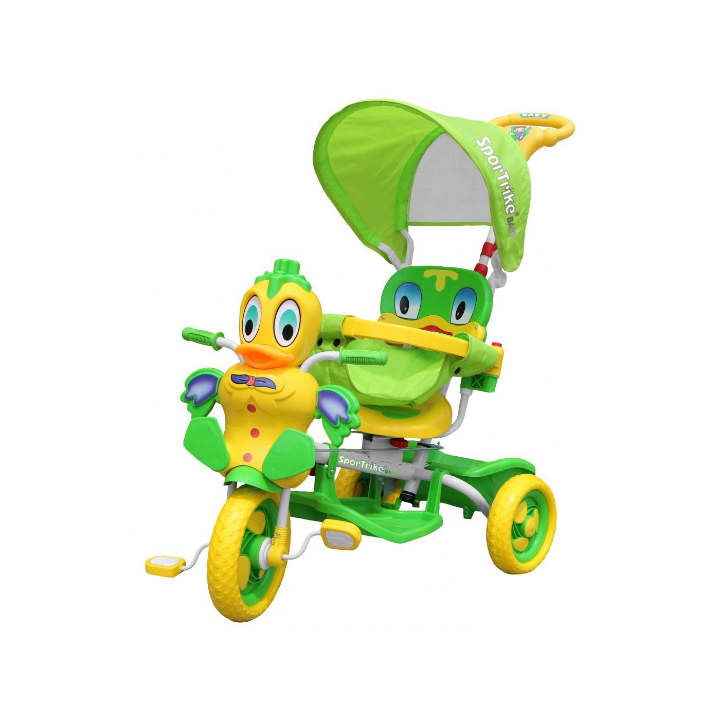 Detský bicykel Green Duck s 3 kolesami + zvuky + strecha + zábrana + opierka na nohy + rukoväť + úložný priestor