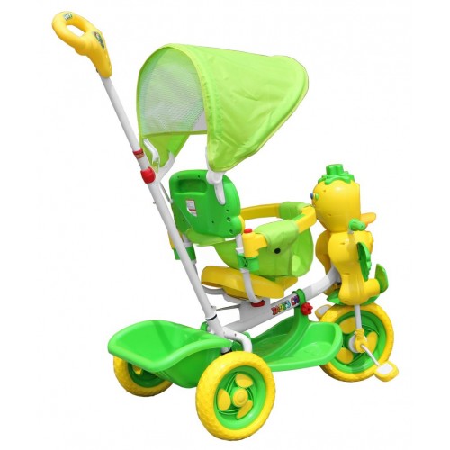 Detský bicykel Green Duck s 3 kolesami + zvuky + strecha + zábrana + opierka na nohy + rukoväť + úložný priestor