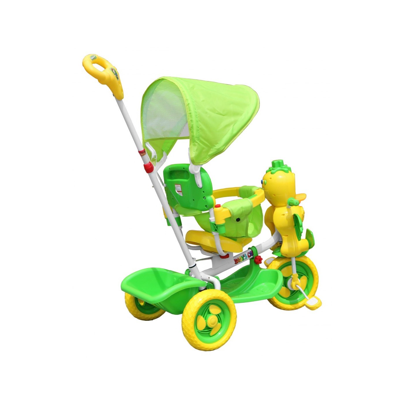 Detský bicykel Green Duck s 3 kolesami + zvuky + strecha + zábrana + opierka na nohy + rukoväť + úložný priestor