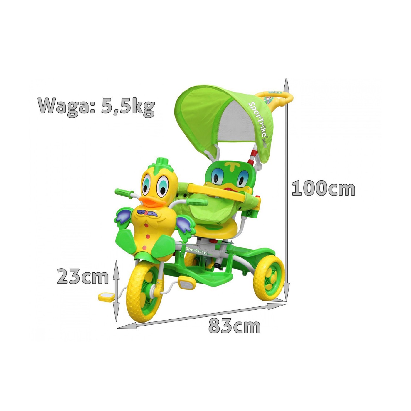 Detský bicykel Green Duck s 3 kolesami + zvuky + strecha + zábrana + opierka na nohy + rukoväť + úložný priestor