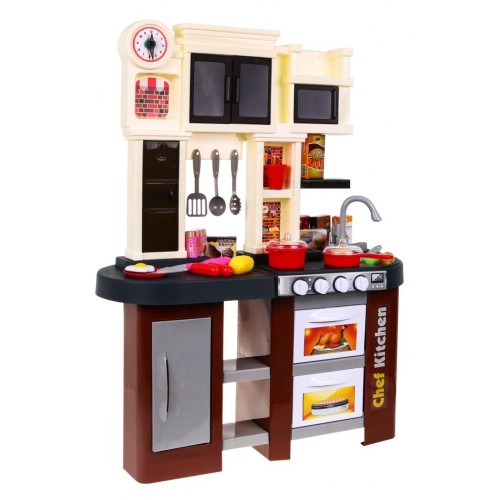 Interaktívna hnedá Kuchyňa pre deti 3+ Horáky so zvukom a svetlom + Kohútik s vodou + Príslušenstvo 58 ks.