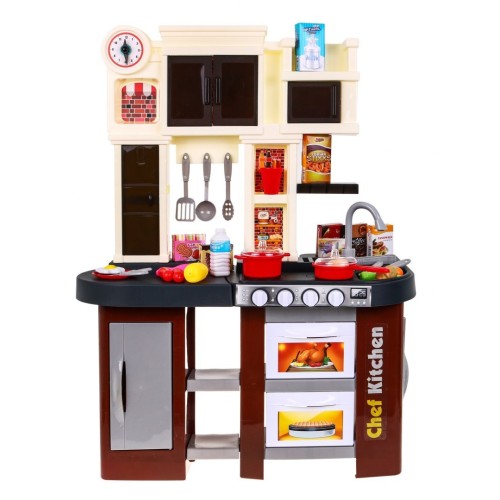 Interaktívna hnedá Kuchyňa pre deti 3+ Horáky so zvukom a svetlom + Kohútik s vodou + Príslušenstvo 58 ks.