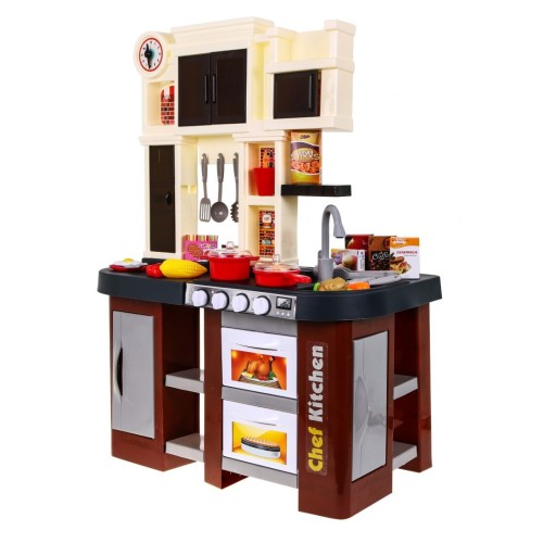 Interaktívna hnedá Kuchyňa pre deti 3+ Horáky so zvukom a svetlom + Kohútik s vodou + Príslušenstvo 58 ks.