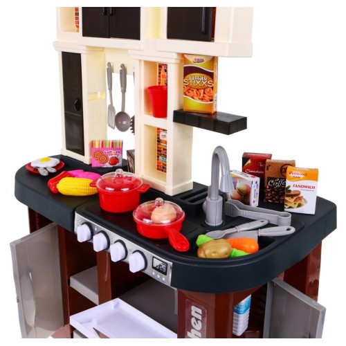 Interaktívna hnedá Kuchyňa pre deti 3+ Horáky so zvukom a svetlom + Kohútik s vodou + Príslušenstvo 58 ks.