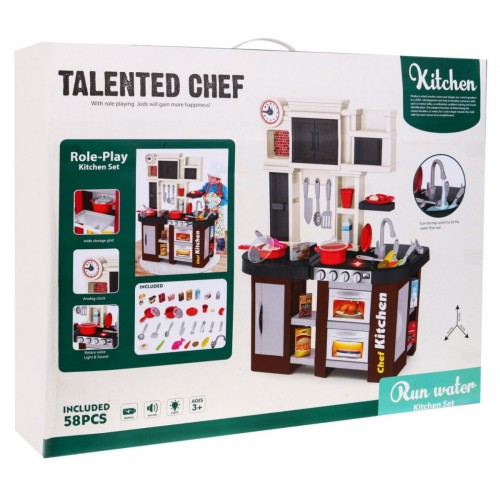 Interaktívna hnedá Kuchyňa pre deti 3+ Horáky so zvukom a svetlom + Kohútik s vodou + Príslušenstvo 58 ks.