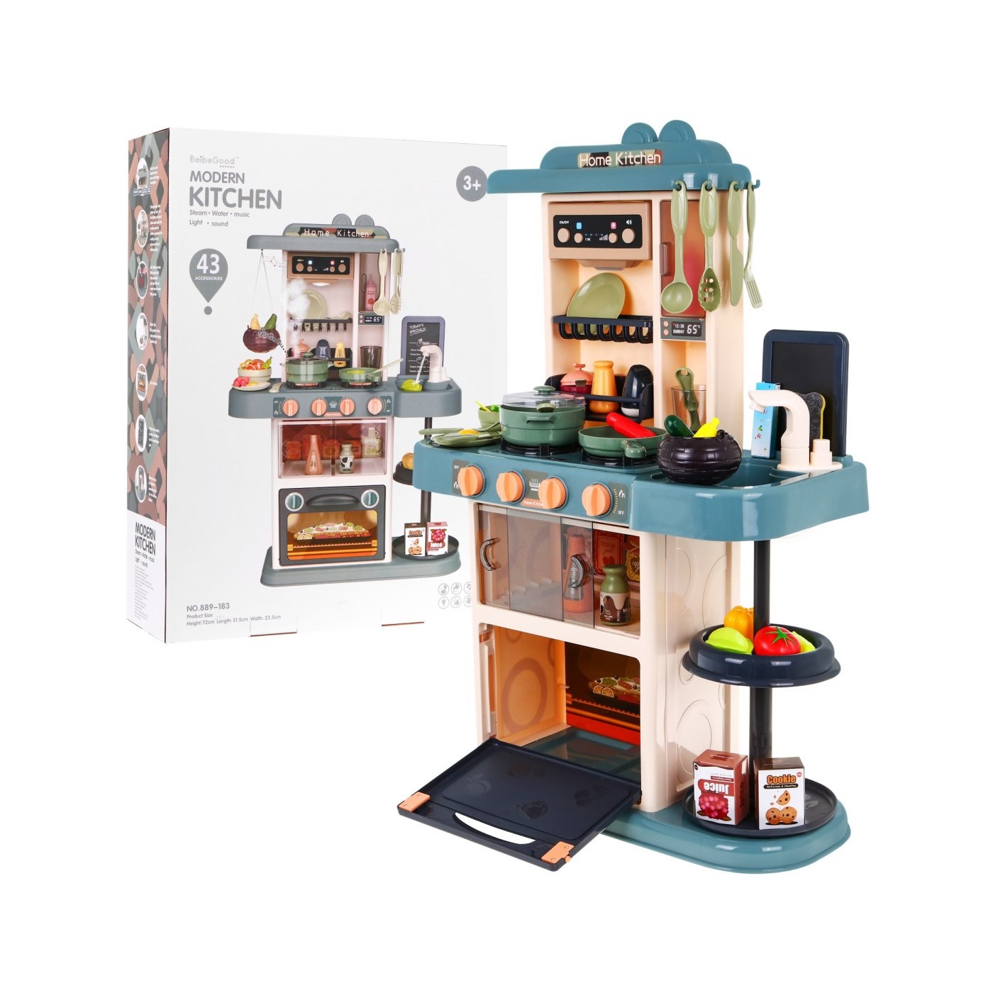 Multifunkčná 43 ks. Kuchyňa pre deti 3+ Kohútik s vodou + Interaktívny horák + Audio panel + Kriedová tabuľa