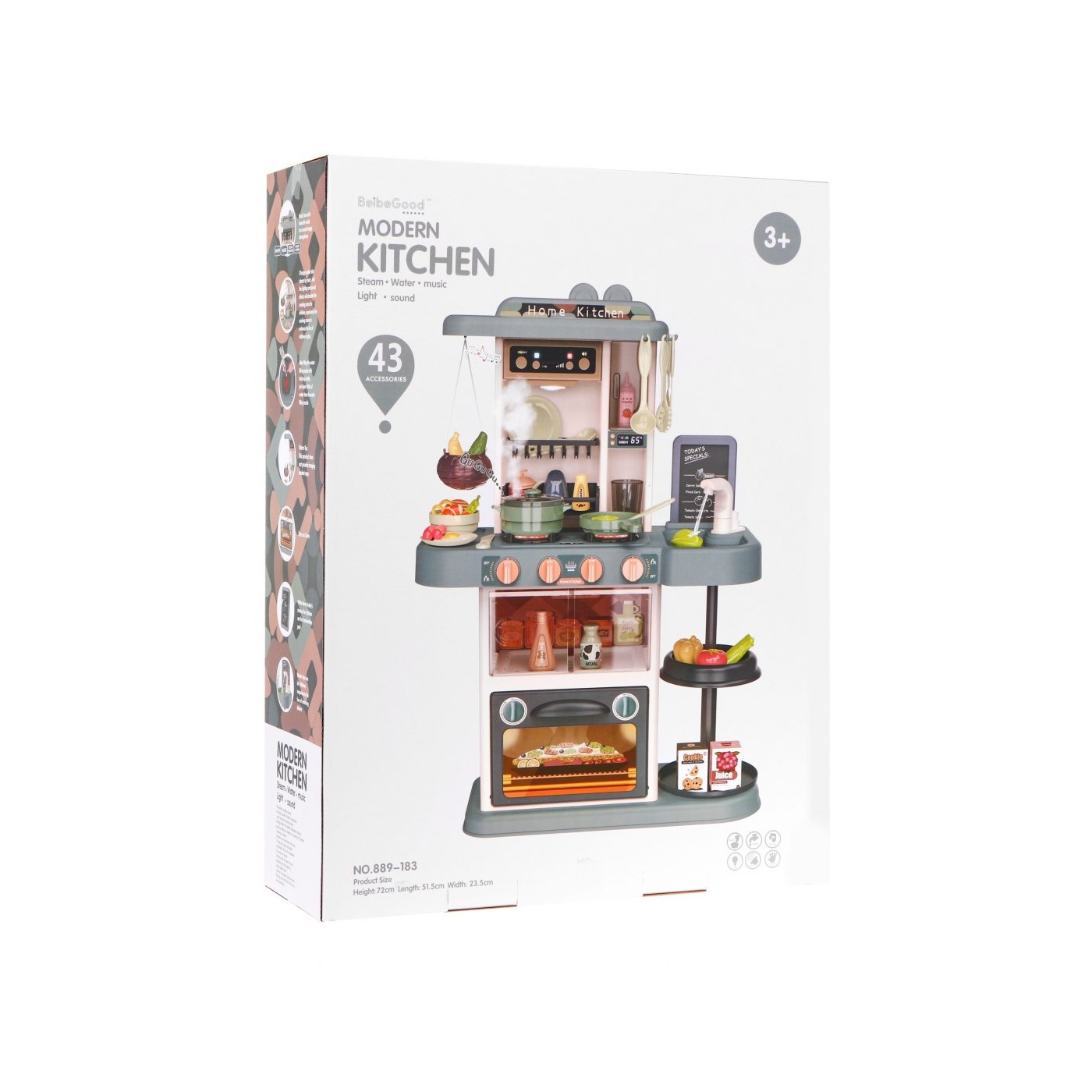 Multifunkčná 43 ks. Kuchyňa pre deti 3+ Kohútik s vodou + Interaktívny horák + Audio panel + Kriedová tabuľa