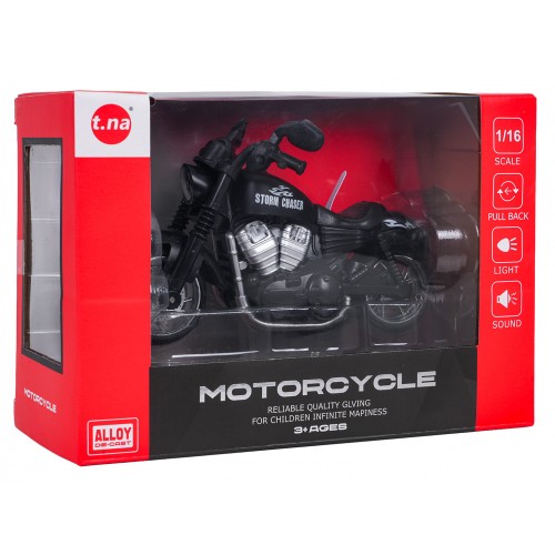 Kovový motocykel čiernej farby so svetlami a zvukovou funkciou