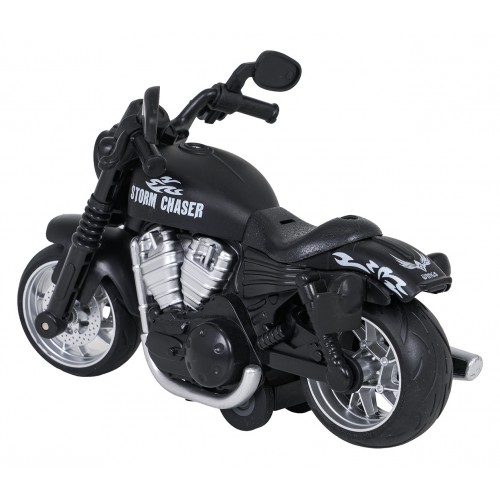 Kovový motocykel čiernej farby so svetlami a zvukovou funkciou