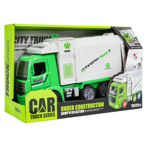 Smetiarske auto so zelenými svetlami a zvukmi