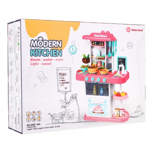 Kuchynský kútik Kuchyňa pre deti Ružový 43 ks. + Interaktívne efekty + Kohútik s vodou