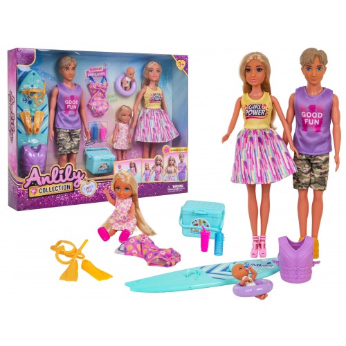 Súprava bábik, rodinka na dovolenke + doplnky