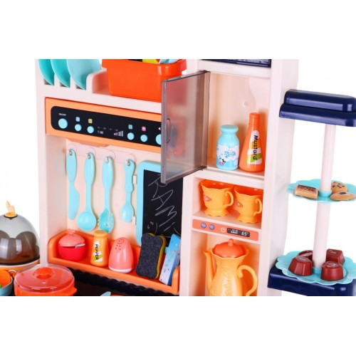 Štýlová modrá Kuchyňa pre deti 3+ Kohútik s vodou + Interaktívny horák s parou + Audio panel 65 ks.