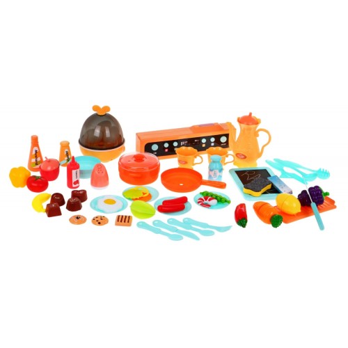 Štýlová modrá Kuchyňa pre deti 3+ Kohútik s vodou + Interaktívny horák s parou + Audio panel 65 ks.