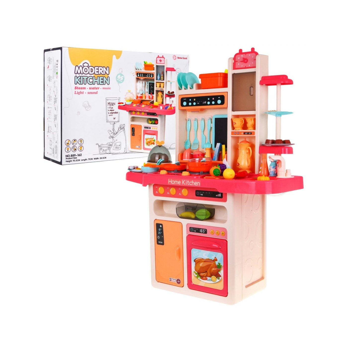 Štýlová ružová Kuchyňa pre deti 3+ Kohútik s vodou + Interaktívny horák s parou + Audio panel 65 ks.