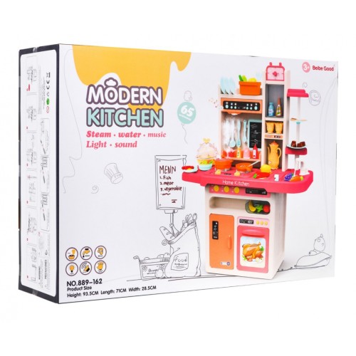 Štýlová ružová Kuchyňa pre deti 3+ Kohútik s vodou + Interaktívny horák s parou + Audio panel 65 ks.