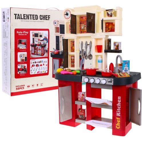 Interaktívna bordová Kuchyňa pre deti 3+ Horáky so zvukom a svetlom + Kohútik s vodou + Príslušenstvo 58 ks.