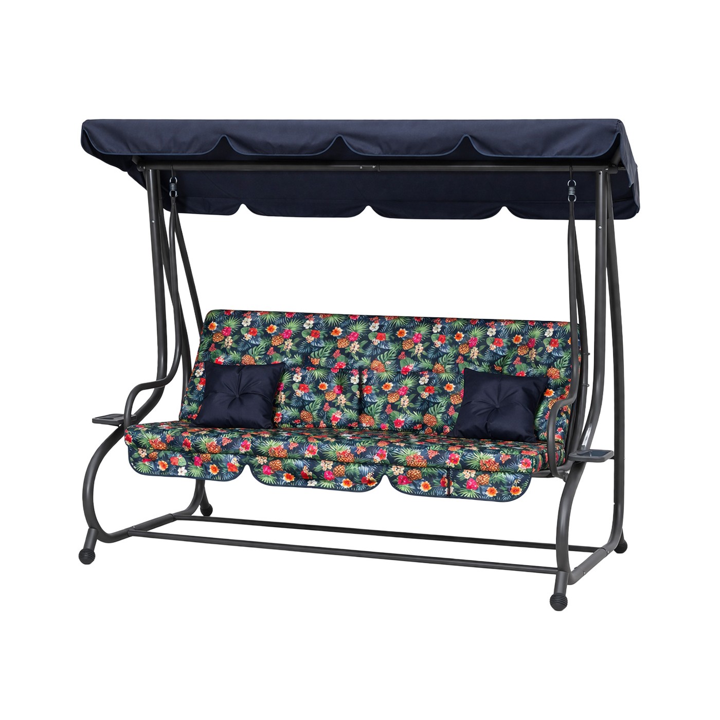 copy of Rodinná Hojdačka záhradná s Strechou Zelený vzor + Textilínia 2x1 + Nastaviteľné sedadlo + Matrac + 2 Držiaky na nápoje