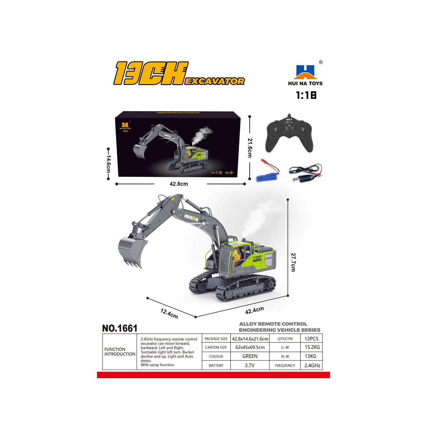 R/C bager zelený/sivý s funkciou dymu 1:18