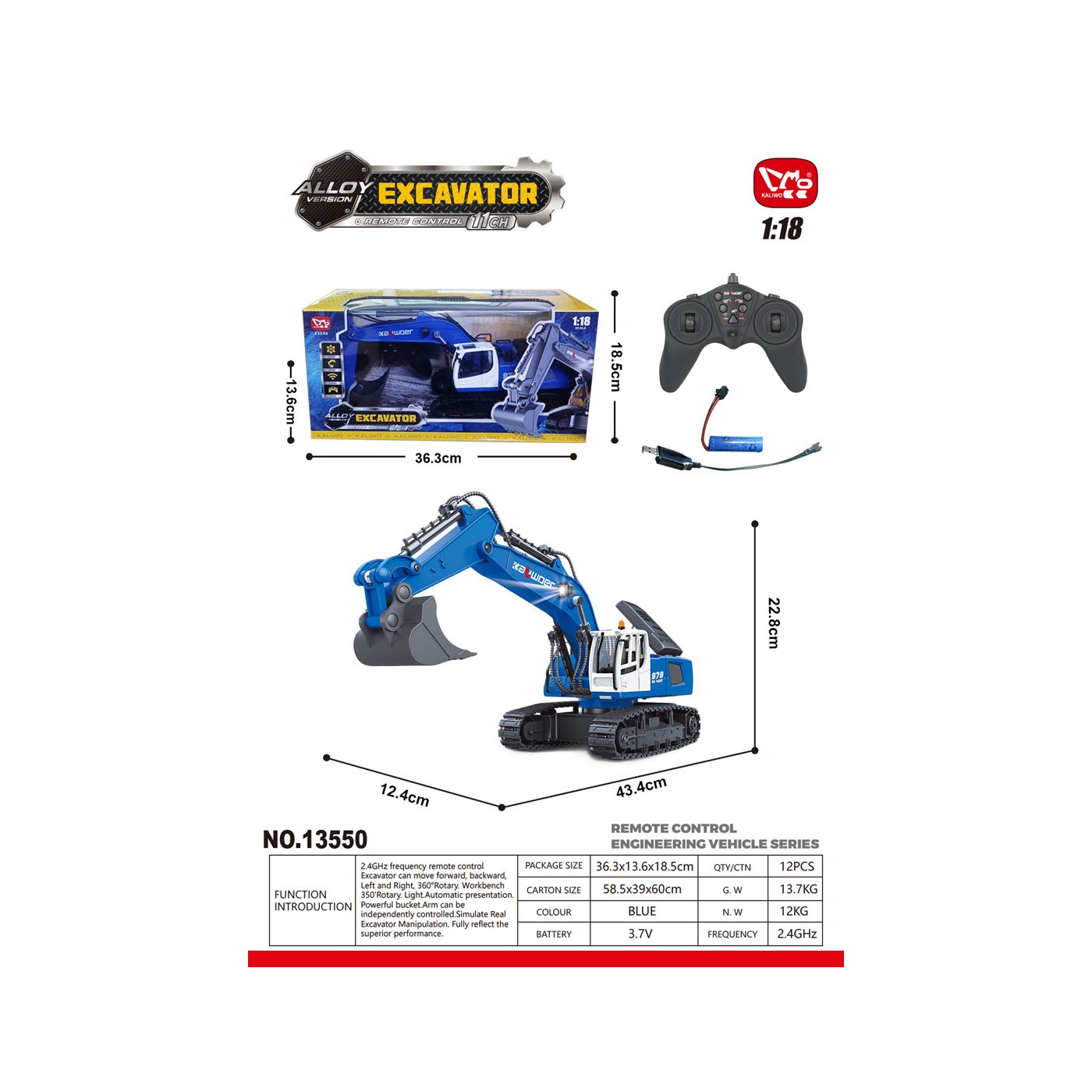 Rádiový bager modrý 1:18