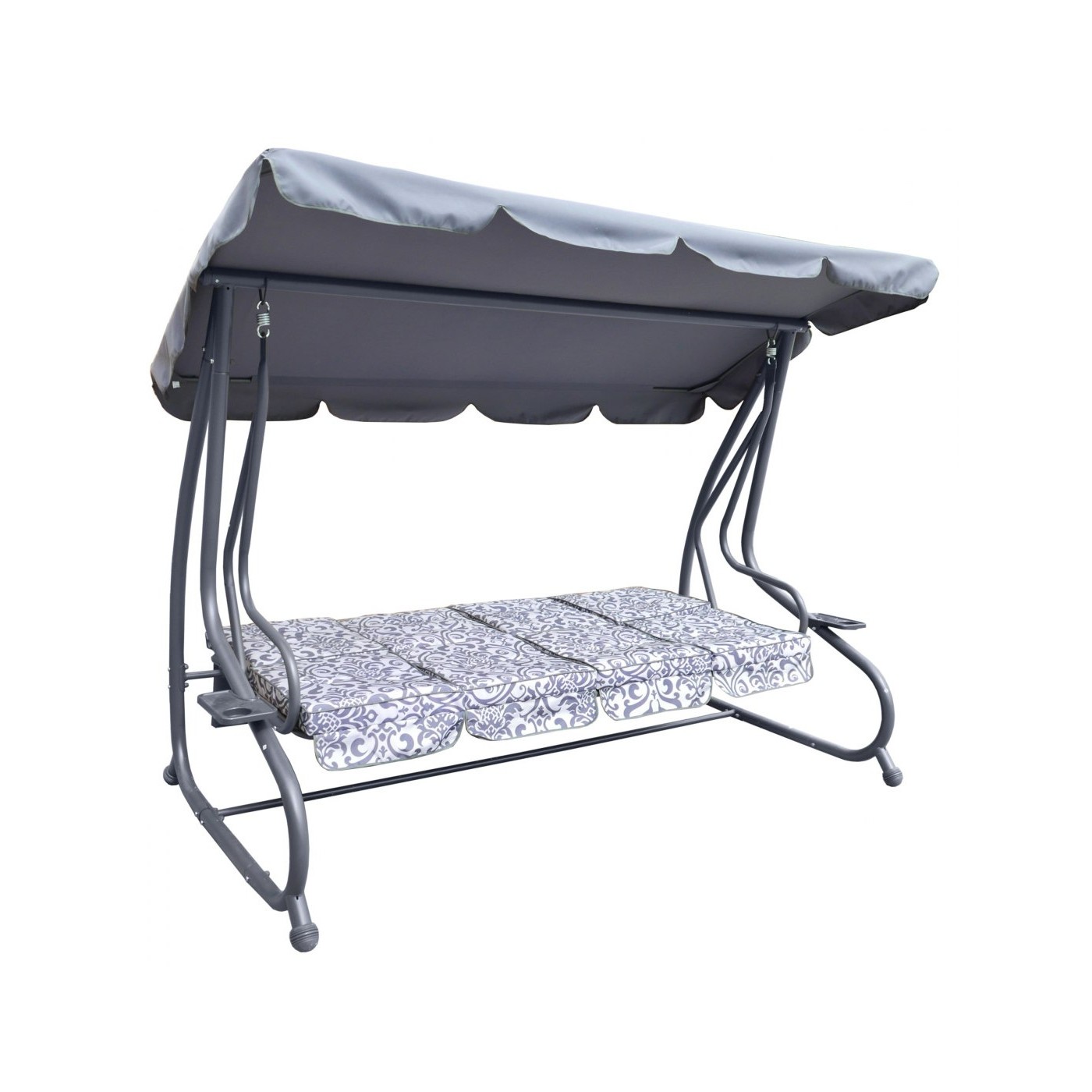 Veľká Záhradná hojdačka 4-os.Sivá + Textil + Strecha + Nastaviteľné sedadlo + 4 Vankúše