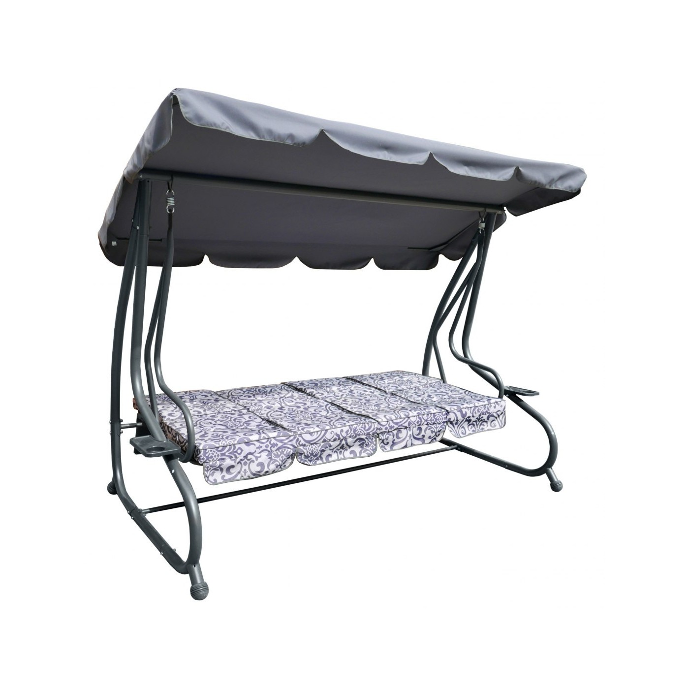 Veľká Záhradná hojdačka 4-os.Sivá + Textil + Strecha + Nastaviteľné sedadlo + 4 Vankúše