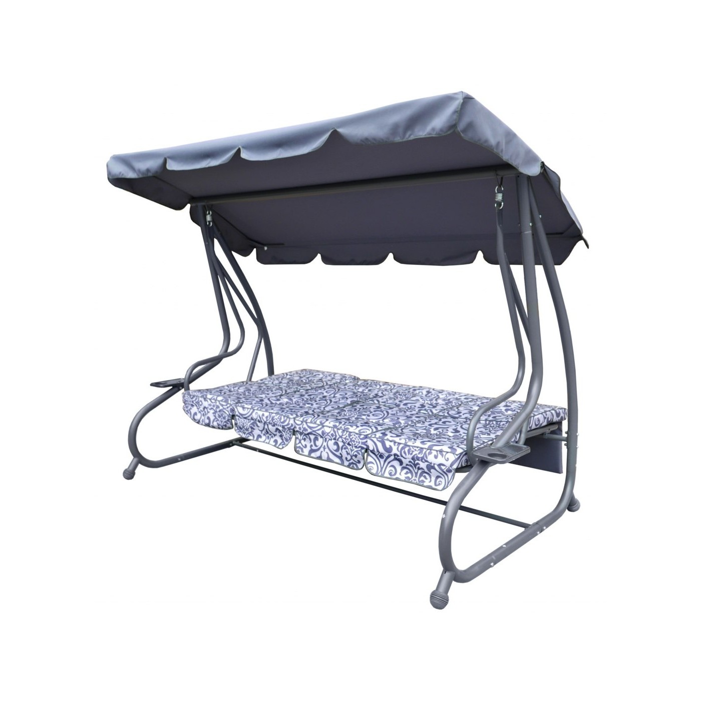 Veľká Záhradná hojdačka 4-os.Sivá + Textil + Strecha + Nastaviteľné sedadlo + 4 Vankúše