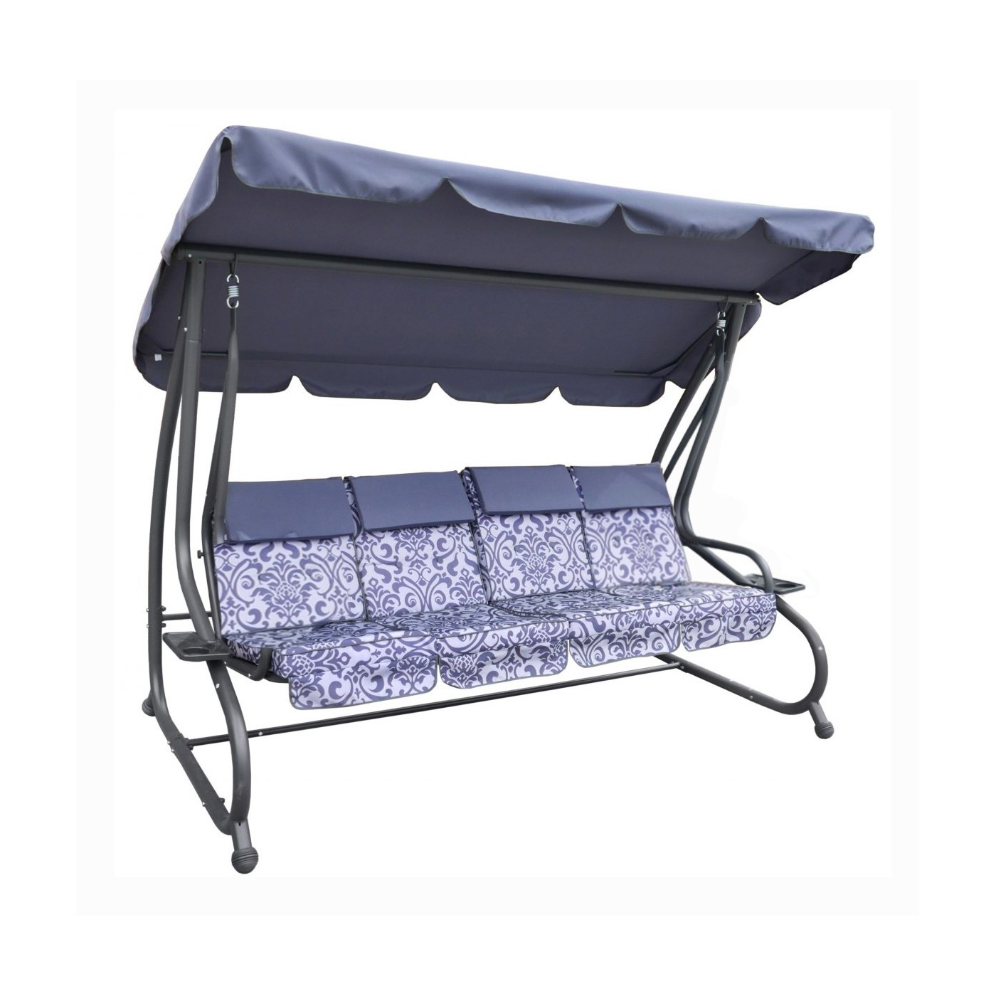 Veľká Záhradná hojdačka 4-os.Sivá + Textil + Strecha + Nastaviteľné sedadlo + 4 Vankúše