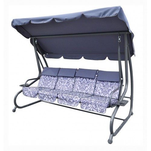 Veľká Záhradná hojdačka 4-os.Sivá + Textil + Strecha + Nastaviteľné sedadlo + 4 Vankúše