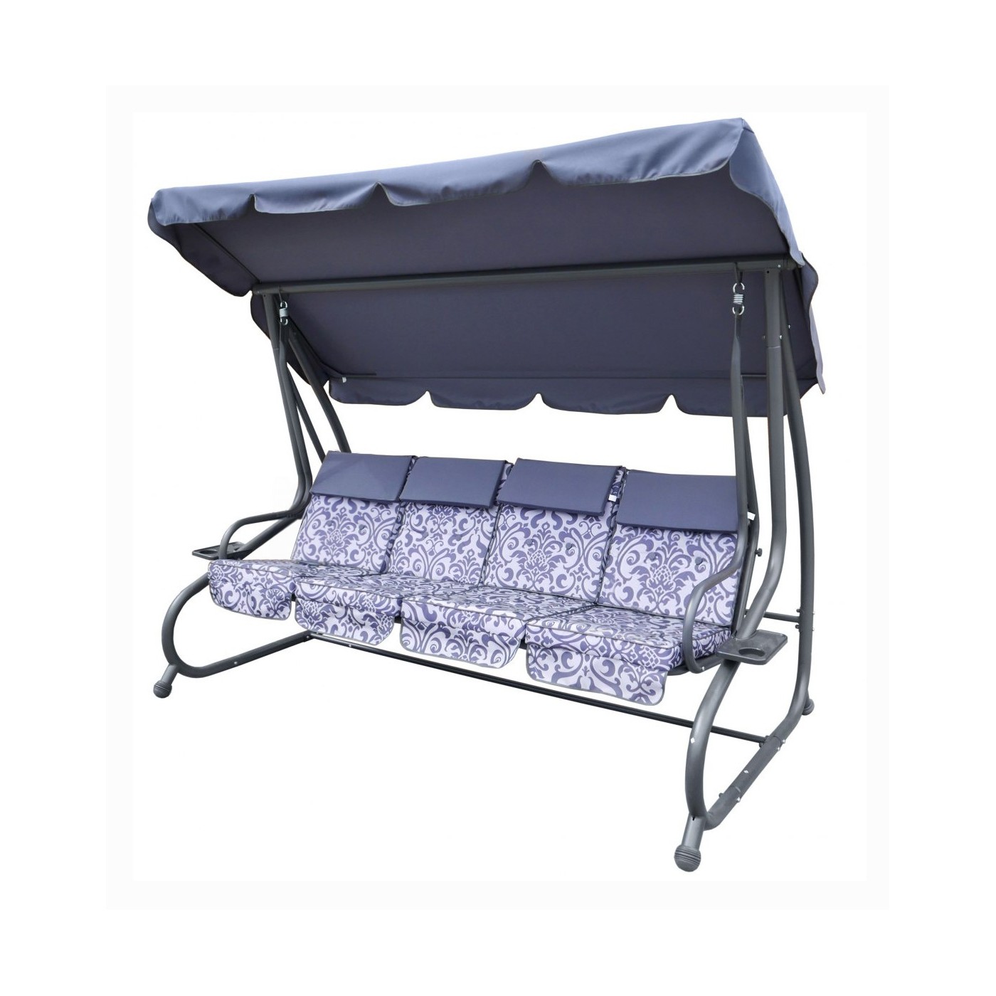 Veľká Záhradná hojdačka 4-os.Sivá + Textil + Strecha + Nastaviteľné sedadlo + 4 Vankúše