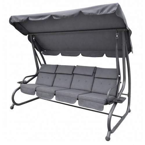 Veľká Záhradná hojdačka 4-os.Sivá + Textil + Strecha + Nastaviteľné sedadlo + 4 Vankúše