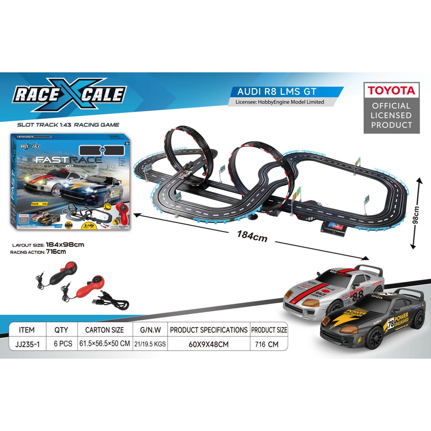 R/C TOYOTA Pretekárska dráha 1:43 - 184x98 cm