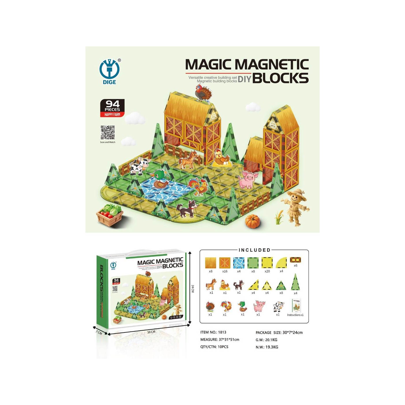 Sada magnetických blokov pre farmárov, 94 ks.