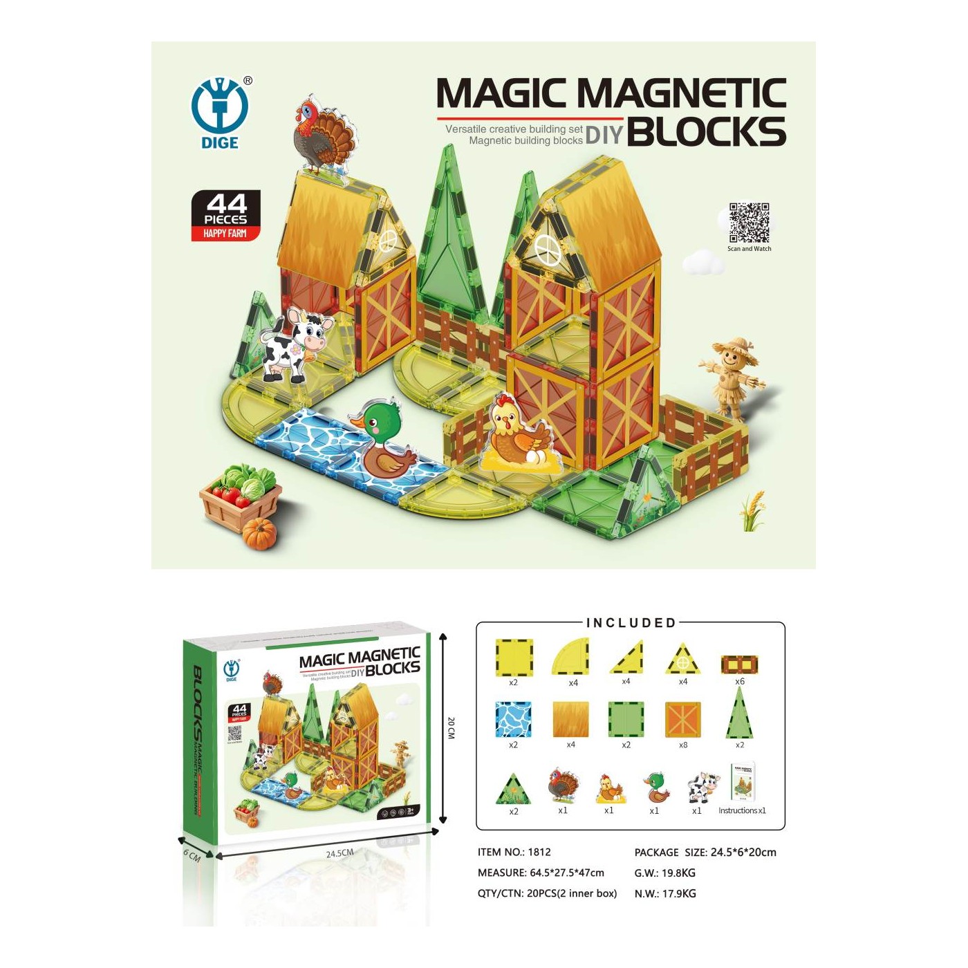 Sada magnetických blokov pre farmárov, 44 ks.