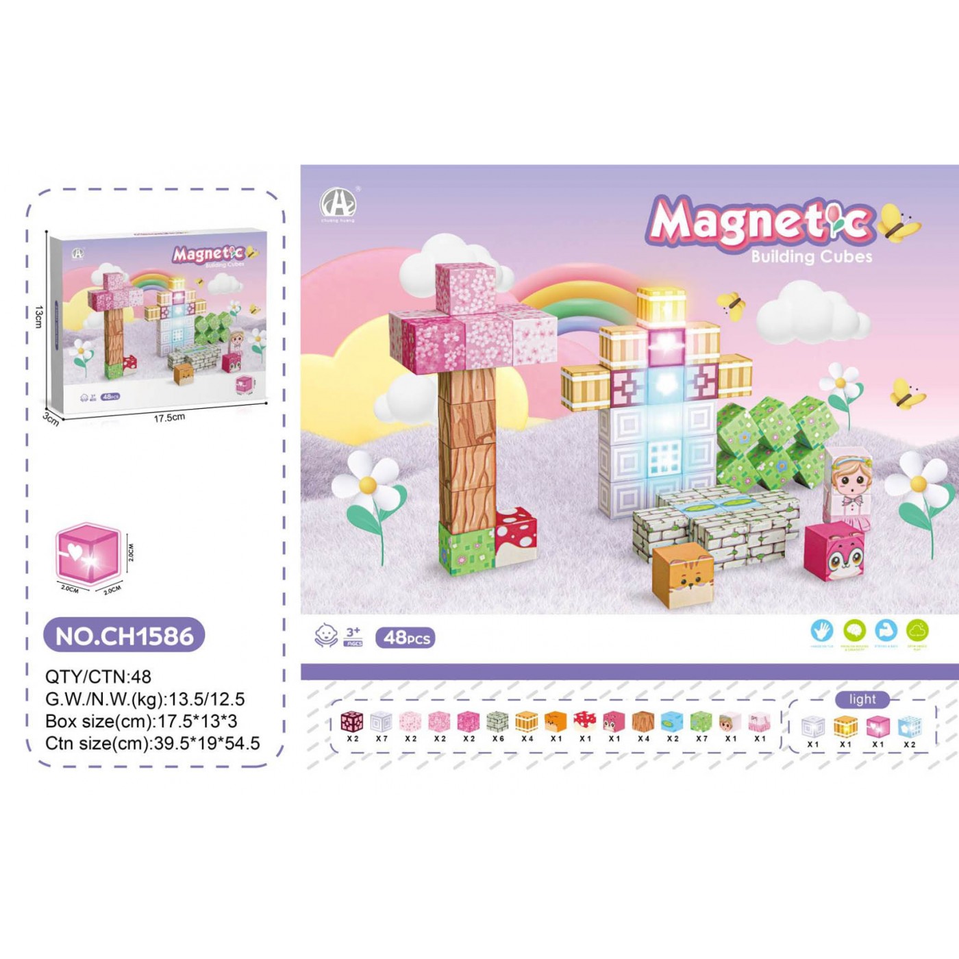 Sada magnetických kociek, magnetické bloky 48 ks + svetlo